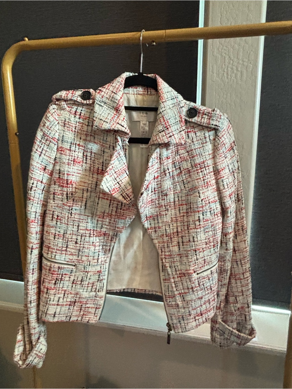 ICB Cropped Tweed Moto Blazer in Cream & Pink